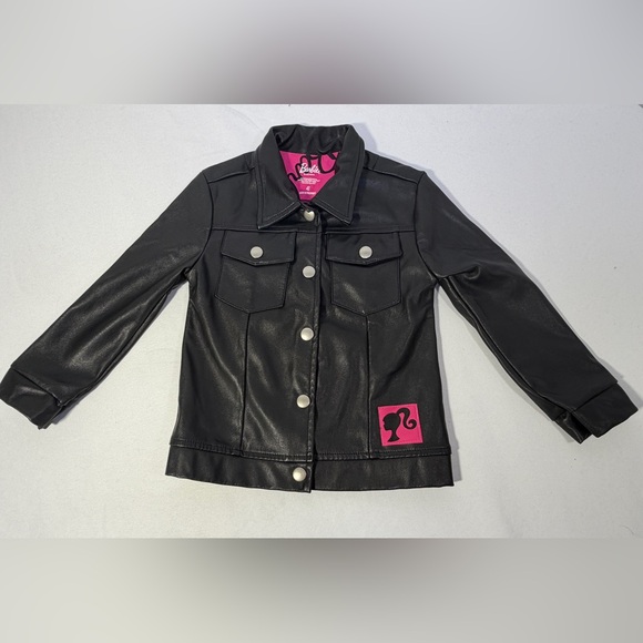 Barbie Other - Barbie Girls Faux Leather Jacket Black Pink Logo Moto Biker Coat Size 4T